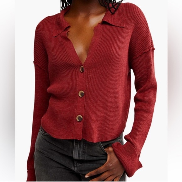 Free People Sweaters - Free People Ella Sweater Ribbed Collared Cardigan Coquette Boho Crop Top